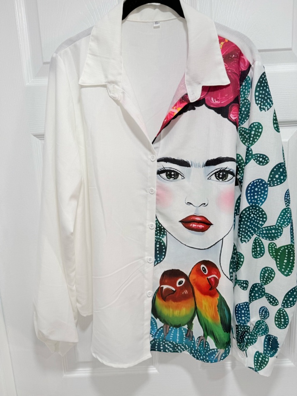 White Button-Up Shirt with Colorful Frida-Inspired Print XL NWOT